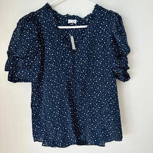 Ecru Blue Double Ruffle Sleeve V Neck‎ Polka Dot Career Top XS
